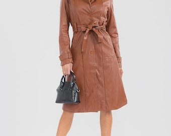 Brown Faux Leather Belted Midi , Chic Fall Outfit