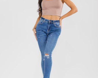 High-Rise Distressed Skinny Jeans | Stretch Denim Ankle Jeans EEF-DE008