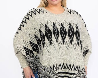 Plus Size Aztec Print Knit Poncho Sweater EEF-SW010