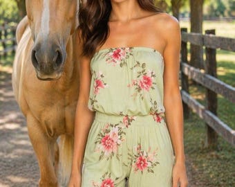 Light Green Floral Strapless Romper | Women's Summer Casual Outfit
