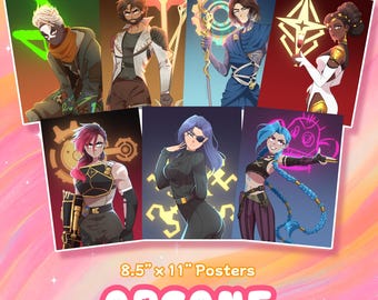 May include: A collection of seven rectangular posters featuring animated characters from Arcane, each with distinct color palettes and symbols. The posters are labeled as 8.5 inch by 11 inch posters with the text Arcane printed in large pink letters.