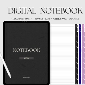 Può includere: Un taccuino digitale visualizzato su un tablet con una penna bianca. Il taccuino ha una copertina nera con la parola "NOTEBOOK" e un pulsante "OPEN". Il testo aggiuntivo include "3 COLOR OPTIONS", "BONUS STICKERS" e "WITH 48 PAGE TEMPLATES".