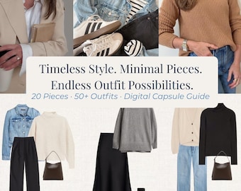 Armario cápsula de otoño e invierno / Conjuntos de 20 piezas para más de 50 prendas / Guía de estilo minimalista clásico / Planificador cápsula digital para mujer