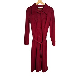 Vintage 70s Sears Burgundy Button Front Midi Dress | Disco Collar | Belted | Size 18