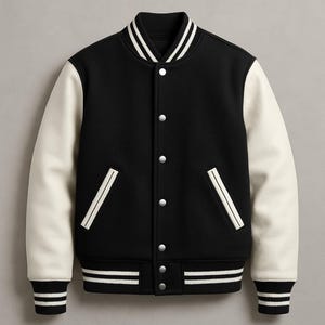 May include: A black varsity jacket with cream-colored sleeves. The jacket features a ribbed collar, cuffs, and hem with white stripes. It has a button-up front and two front pockets with white trim.