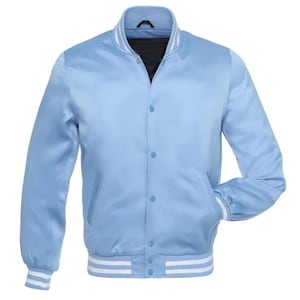 Unisex Customizable Satin Varsity Jacket – Baby Blue with White Double Line Rib
