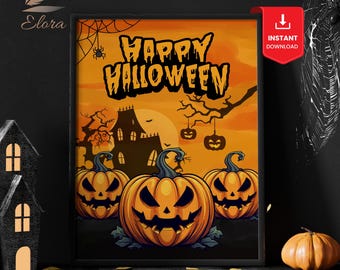 Happy Halloween Wall Art Printable, Spooky Pumpkin Haunted House Decor, Instant Download for Halloween Party Home Decoration, Creepy Pumpkin