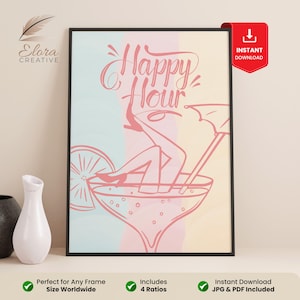 Happy Hour Wall Art Print, Retro Cocktail Party Sign, Bar Cart Decor, Vintage Drink Illustration, Party Drink Sign, Instant Digital Download