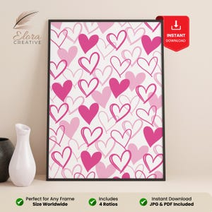 Pink Preppy Hearts Wall Art Printable – Trendy Abstract Digital Poster, Girly Dorm Room Decor, Cute Apartment Aesthetic Download for Bedroom