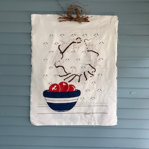 A Large Vintage Marushka Print Linen Apples in Basket with a Wreath Wall Hanging Pillow Fabric