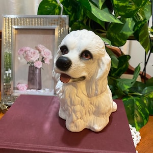 Figurina vintage di cane caniche/bichon bianco con poteri. Figurina realistica di cane. Peut servir d'Urne pour compagnon poilu décédé.