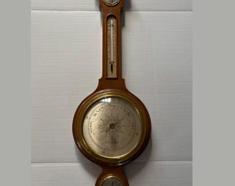 Baromètre vintage, montage mural, coloniale du milieu du siècle, Solid genuine mahogany #431. Égratignures dû à l’usure du temps. Voir photo