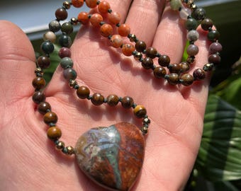 Autumn Jasper Heart Necklace - Grounding Gemstone Jewelry Boho Witch Nature Gift