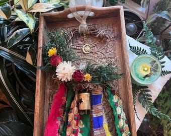 Bohemian Moon Wreath Sari Ribbon Juniper Quartz Crystal Dried Flowers Boho Wall Decor