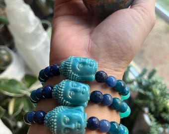 Blue Buddha Gemstone Bracelet | Boho Spiritual Beaded Bracelet | Lapis Lazuli | Aquamarine | Peace Gift