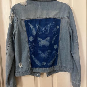 Upcycled Denim Jacket—Sun-Printed with Real Flowers, Ferns & Butterflies | Botanical Cyanotype Nature Artwear