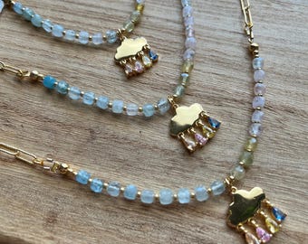 Rainbow Morganite Necklace Gold Fill Rain Charm Ombre Pastel Boho Celestial Dainty Beaded Necklace