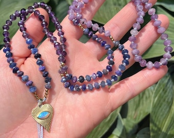 Amethyst Sugilith Lepidolith Rondelle Mala Halskette, Opal Böses Auge Herz Anhänger