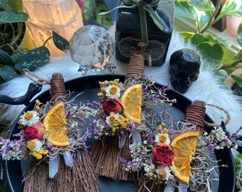 Mabon Besom, Fall Decor, Dried Flowers, Angel Aura Quartz, Mini Broom