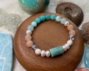 Ocean-Inspired Amazonite + Pearl Bracelet – Angel Aura Quartz & Calcite for Clarity and Feminine Mermaid Energy