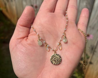 Opal Aquamarine Sun Necklace | Gold Fill Celestial Charm | March October Birthstone Jewelry