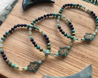 Hamsa Bracelet · Lapis Lazuli Turquoise Amazonite · Boho Spiritual Beaded Bracelet · Czech Glass Hamsa · Handmade Protection Jewelry