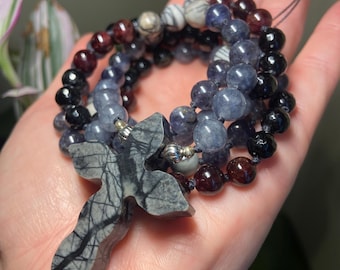 Gothic Spiderweb Jasper Cross Necklace – Garnet, Black Tourmaline & Iolite Mala