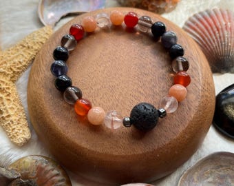 Aromatherapy Lava Stone Mala Bracelet – Hematoid Quartz, Carnelian & Obsidian Unisex Diffuser Jewelry Gift
