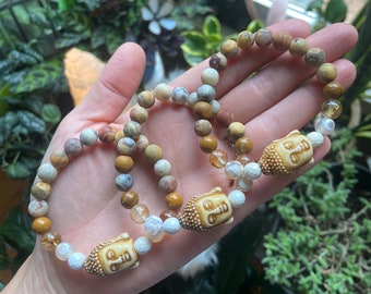 Buddha Charm Gemstone Bracelet – Citrine & Crazy Lace Agate Mala Jewelry