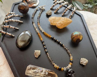 Beaded Skull Necklace - Gemstone Choker with Pyrite Accents Gothic Witchy Bone Carved Protection Jewelry