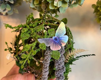 Enchanted Fairy Orb: Dried Moss, Quartz Crystal and Moth Decor Whimsical Cottagecore Wall Art