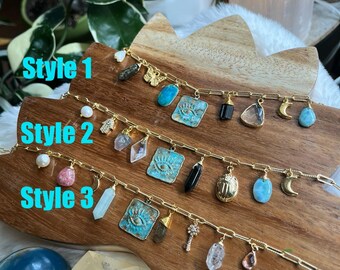 Gemstone Charm Necklace: Tourmaline, Moonstone & Larimar Talismans