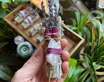 Rose Quartz Sage Smudge Stick: Lavender, Roses, Love Intoxication
