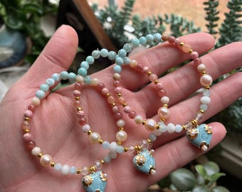 Aphrodite Mala Bracelet | Pink Gemstone, Pearl, Heart Charm | Greek Goddess Jewelry