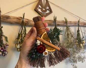 Witchy Mini Besom Broom - Yule Pagan Home Decor with Juniper & Quartz