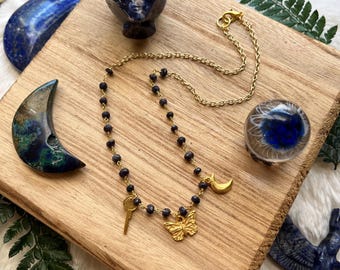 Gold Celestial Charm Necklace | Moon, Butterfly, Key, Sapphire Accents