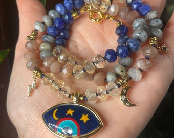 Celestial Charm Eye Rondelle Necklace Unique Gem Knotted Beads Jewelry Mala