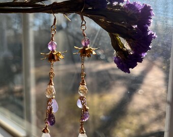 Moonstone Amethyst Lotus Dangle Earrings: Bohemian Healing Jewelry