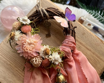 Butterfly Fairy Blessing Bells, Wreath with Dried Florals, Roses, Key Charm