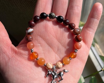 Fire Horse Carnelian Agate Beaded Bracelet Crystal Healing Chakra Meditation Jewelry