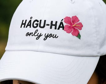 Chamorro Dad Hat: Embroidered Pink Hibiscus, Island-Inspired White Cap, Hagu-Ha Only you, Guam, Marianas