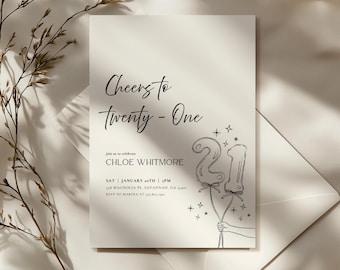 Cheers to 21 Invitation | Black and White Minimal 21st Birthday Invite | Whimsical Elegant Template | Printable Digital Download