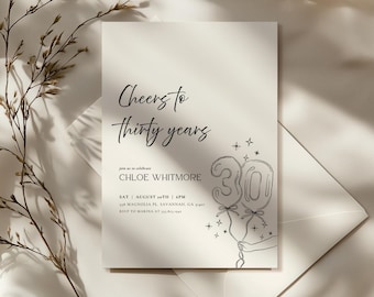 Cheers to 30 Years Invitation | Black and White Minimal 30th Birthday Invite | Whimsical Elegant Template | Printable Digital Download
