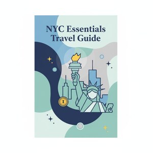 Könnte beinhalten: Ein Reiseführer mit dem Titel "NYC Essentials Travel Guide" mit einer Grafik der Freiheitsstatue, einer Uhr und der Skyline der Stadt. Der Hintergrund zeigt blaue und grüne abstrakte Formen und Sterne.