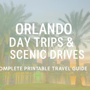 Può includere: Immagine di una guida turistica per gite di un giorno e percorsi panoramici a Orlando. Il testo è sovrapposto a uno sfondo panoramico di palme, un lago e uno skyline. La guida è una guida di viaggio stampabile completa.
