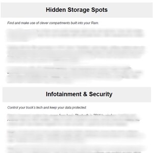 May include: Page 2 of a guide for Ram trucks, highlighting features and details. Sections include "Hidden Storage Spots" and "Infotainment & Security." The guide covers 2014-2025 models, emphasising everyday driving, towing, and comfort.