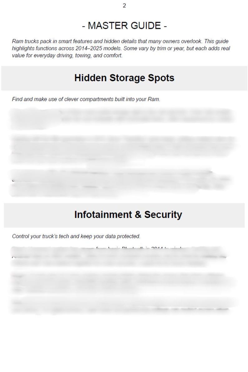 May include: Page 2 of a guide for Ram trucks, highlighting features and details. Sections include "Hidden Storage Spots" and "Infotainment & Security." The guide covers 2014-2025 models, emphasising everyday driving, towing, and comfort.