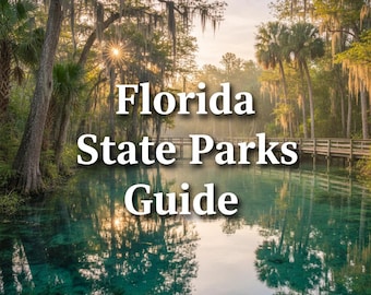 May include: A scenic view of a Florida State Park with the text "Florida State Parks Guide" overlaid on the image. The image features a clear, turquoise-colored body of water, lush green trees, and a wooden walkway.