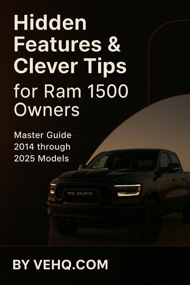 May include: A book cover with the title "Hidden Features & Clever Tips for Ram 1500 Owners." The cover features a black Ram 1500 truck and text that reads "Master Guide 2014 through 2025 Models." The website "BY VEHQ.COM" is also displayed.