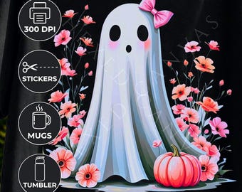 Preppy Ghost PNG, Girly Halloween Sublimation Design, Colorful Coquette Floral Pumpkin Commercial Use